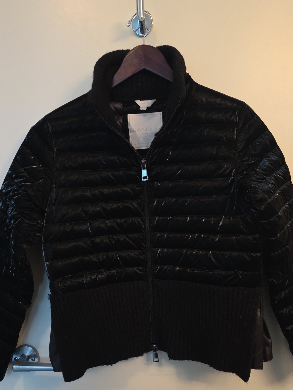 Black "Bev" Quilted Glossy Down Puffer Jacket with Funnel Neck And  Ribbed Hem